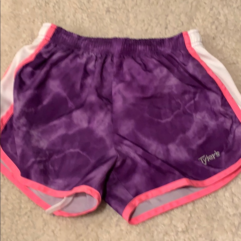 Purple tie dye and pink shorts